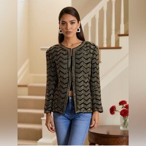 Vintage Stenay Silk and Sequin Black and Gold Chevron Blazer